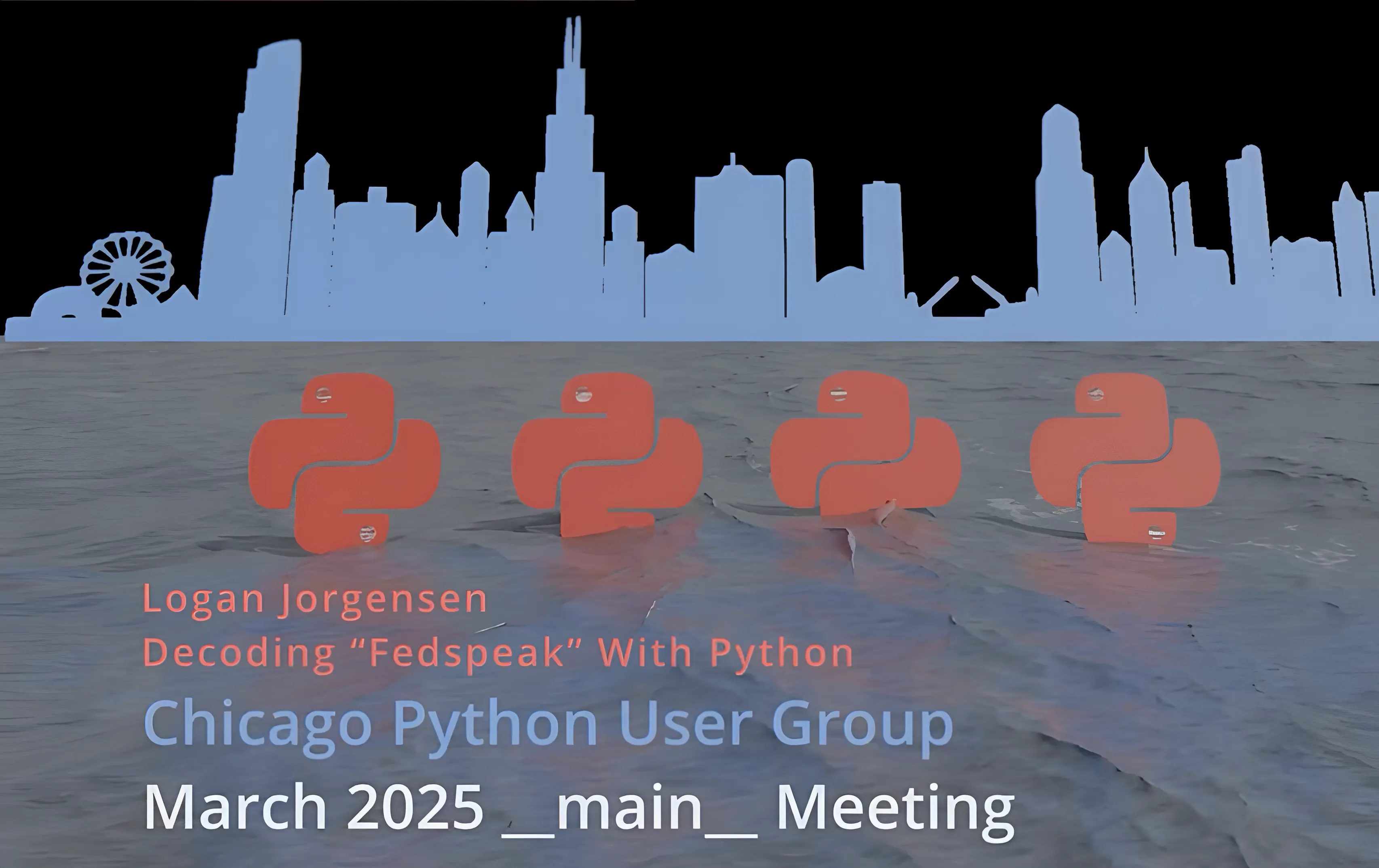 Logan presenting Decoding Fedspeak With Python at ChiPy