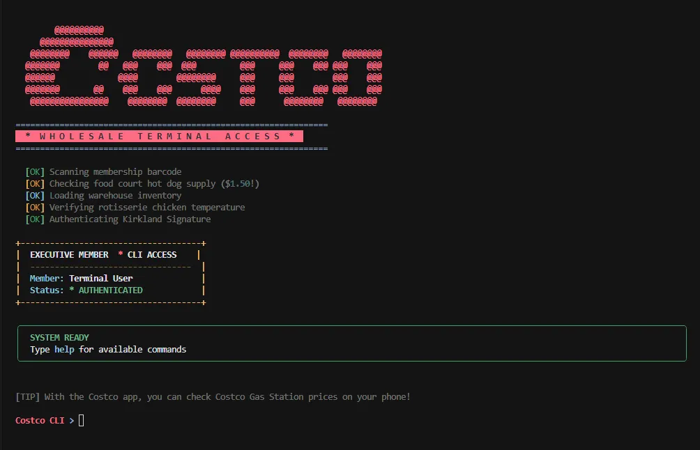 Terminal interface showing the Costco CLI shopping assistant