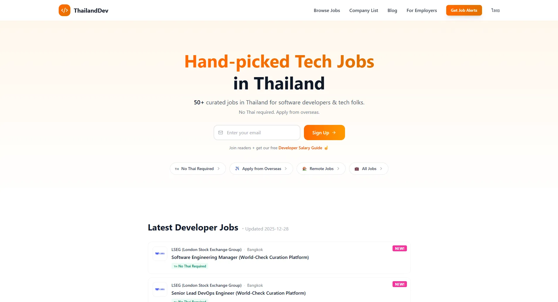 Thailand Dev job board platform interface showing tech job listings